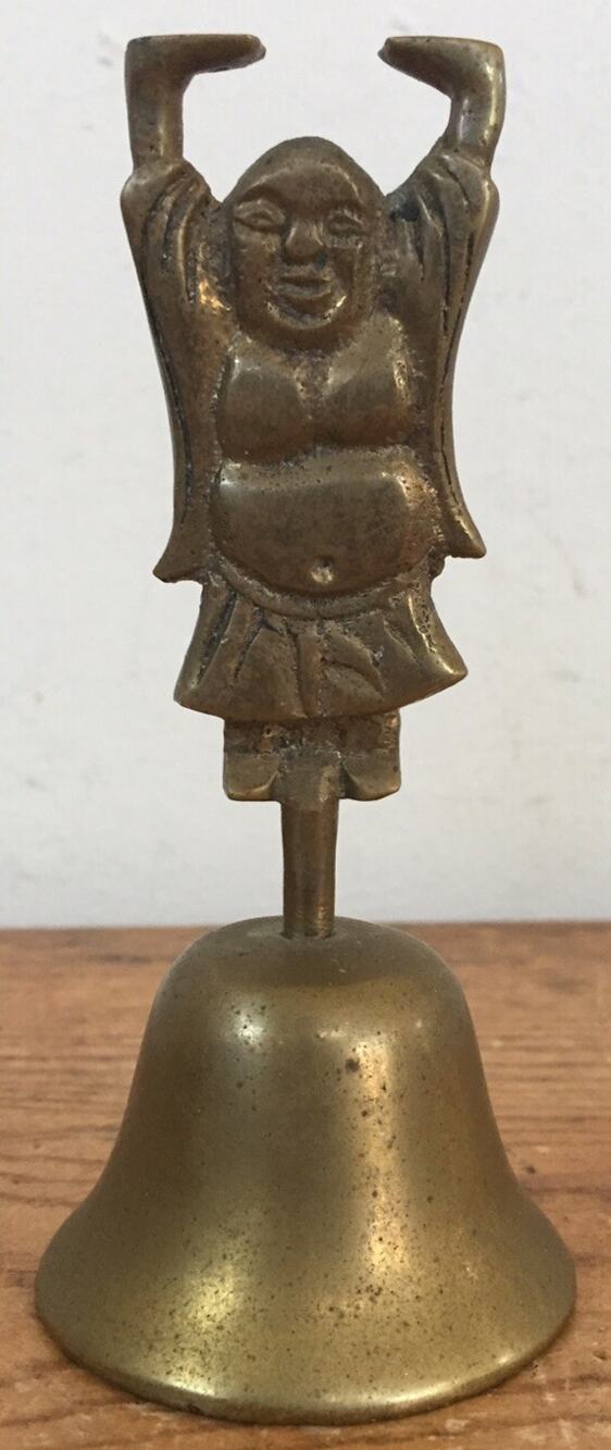 Vtg Solid Brass Buddha Bell 4.25" Tall Ritual Buddhism Raised Arms Meditation